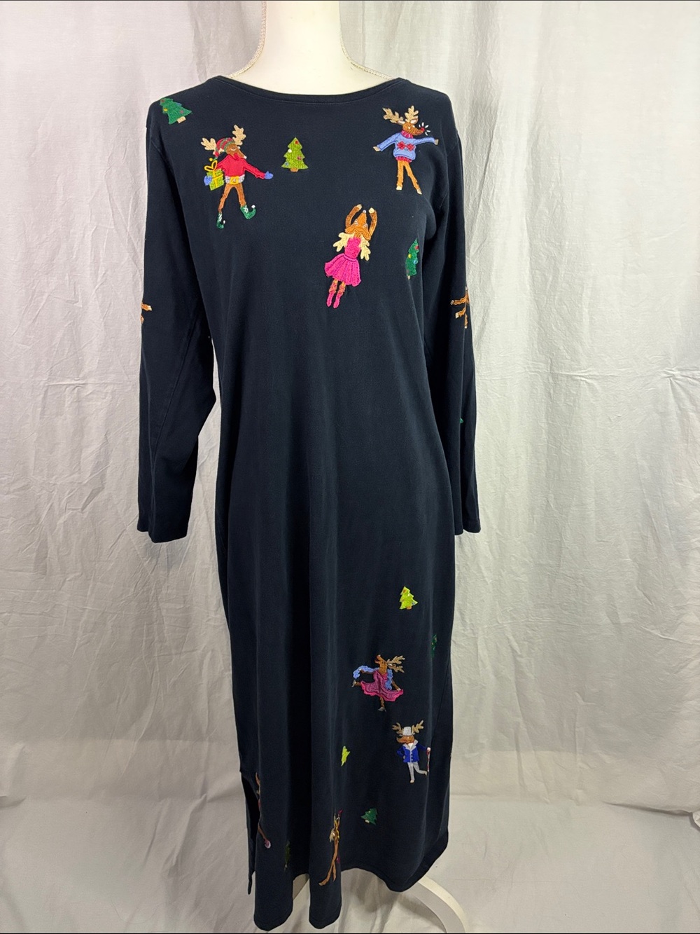 Michael Simon Long Sleeve Dress with Colorful Christmas  Embroidery